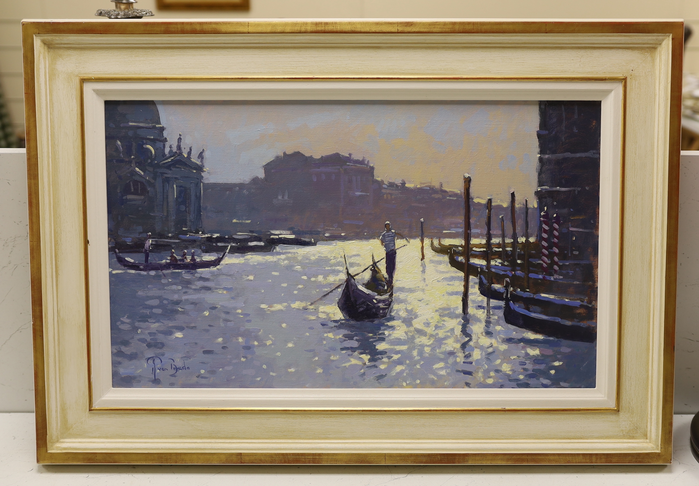 Peter Van Breda (b. 1957), impressionist oil on canvas, Gondolas, Evening Light, Venice, signed, inscribed verso, 32 x 54cm